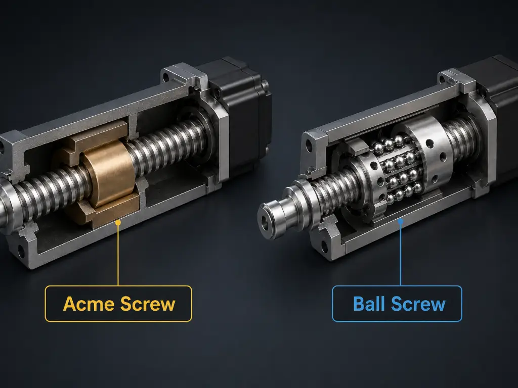 Acme 滑动螺杆力学与滚珠丝杠滚动轴承力学比较的工程截面图。.