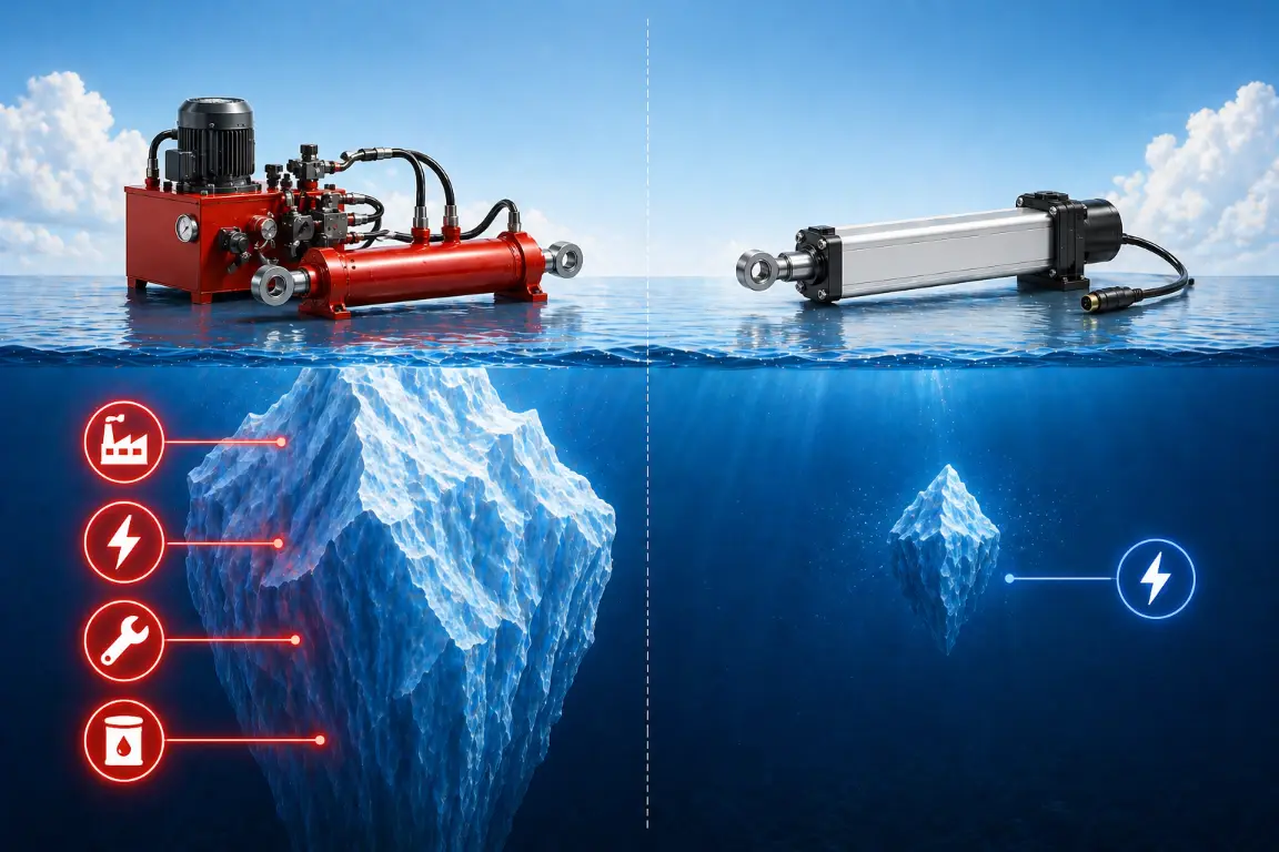 5-Year Total Cost of Ownership (TCO) iceberg chart: hidden energy and maintenance costs of hydraulic cylinders vs electric actuators.