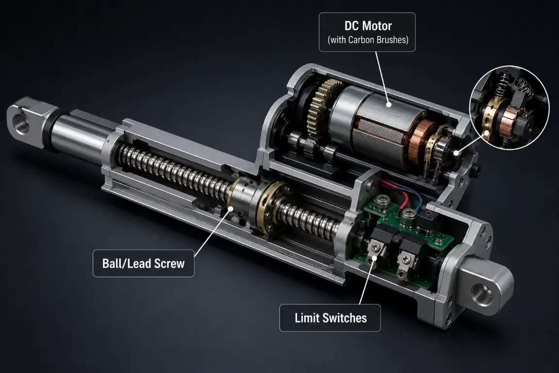 Exploded view of an electric linear actuator showing DC motor, gears, and ball screw