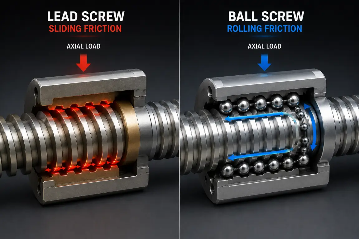 Comparison between Lead Screw sliding friction and Ball Screw rolling friction